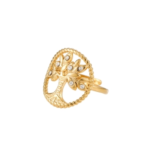 Detailed view of a gold-plated Tree of Life ring with white zircon stones and woven edges