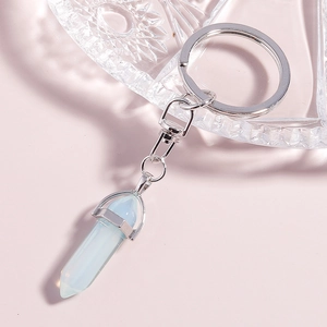 Blue opal hexagonal crystal bullet pendant keychain with silver ring for bags and cars