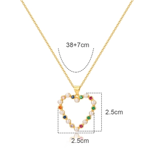 18K gold plated necklace with pearl and colorful zircon heart pendant, length 38+7cm