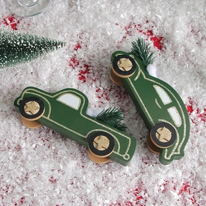 Christmas dark green wooden car ornaments with mini pine trees and gold glitter details