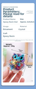 Detailed view of handmade crystal gravel resin owl statue showing 6x5x4cm dimensions