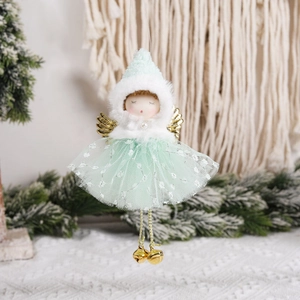 Christmas angel ornament with light green mesh skirt, white plush hat and golden bells