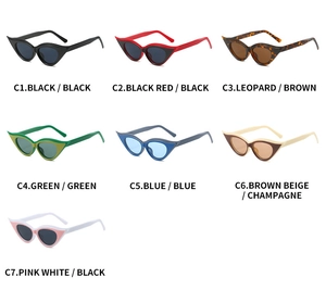 Flat lay display of fashion cat eye sunglasses in seven colors with plastic frames