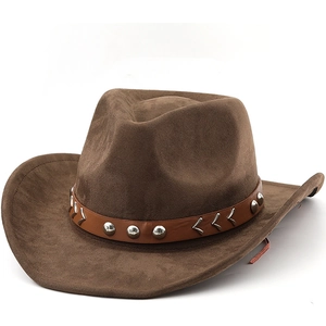 Western Cowboy Hat Faux Suede Wide Upturned Brim Vintage Fedora With Riveted Leather Band For Men Women Sun Protection