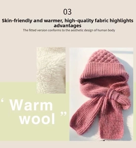 Detail of pink knitted hooded scarf featuring thick white faux fur lining for winter warmth