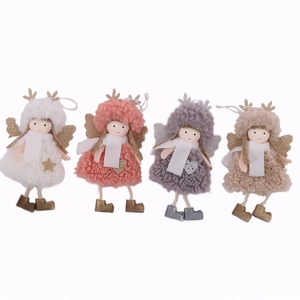 Set of four plush angel ornaments with glitter wings and ropes for Christmas tree decor