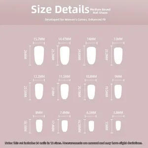 Size chart for 24pcs medium round press-on nails with 12 different width dimensions