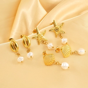 Ocean Theme Dangle Earrings 18K Gold Plated 304 Stainless Steel Starfish Shell Scallop Imitation Artificial Pearl Jewelry Women