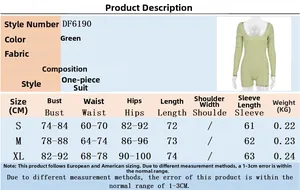 Detailed size chart for green long sleeve ribbed jumpsuit with fabric specifications