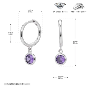 Detailed size specifications for S925 sterling silver hoop earrings with purple zircon