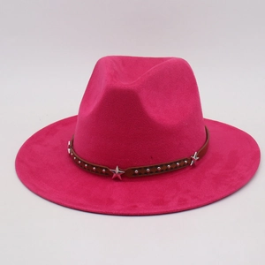 Rose red fedora cowboy hat with brown leather band featuring silver metal stars and studs