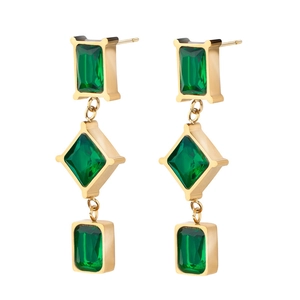 Elegant gold-plated drop earrings featuring emerald green crystals in geometric shapes