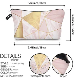 Detailed size chart and dimensions of the waterproof marble pattern makeup travel bag