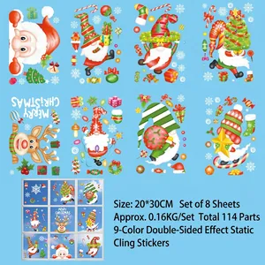 Christmas window clings set with Santa Claus, Gnomes, and Reindeer on blue background