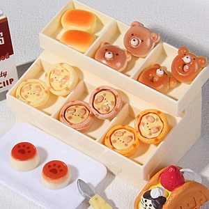 Miniature resin food models with cute bear bread and tarts for DIY crafts and decor