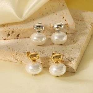 Geometric Bean Artificial Pearl Drop Earrings Stainless Steel 18K Gold Plated French Vintage Niche Design Women