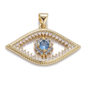 Detailed close-up of golden evil eye pendant with blue crystals and white stones