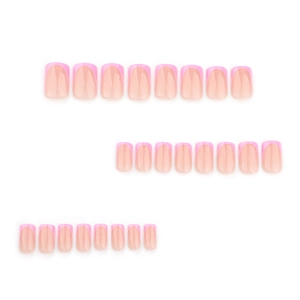 Coffret de faux ongles carrés French en dégradé rose et violet sur un fond blanc pur