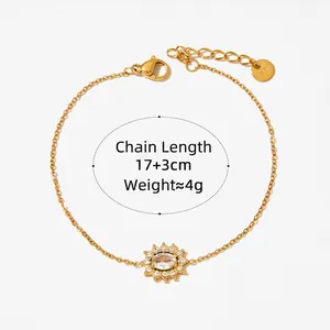 Elegant gold stainless steel sunflower bracelet with oval gemstone and adjustable chain