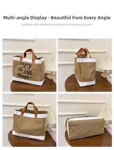 Detailed views of the linen tote bag featuring a leather handle and printed slogan text