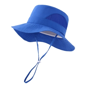 Detail of blue sun hat showing breathable mesh side vent and white adjustable chin strap