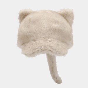 Cute beige plush baseball cap with fuzzy cat ears and a matching long tail decoration