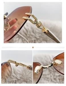 Detalle de bisagras doradas y lentes degradadas marrones en gafas de sol sin montura