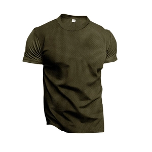 Detailed view of olive green waffle knit fabric and crew neck on a men's slim fit T-shirt