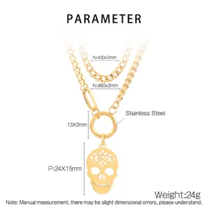 Men's double-layered gold stainless steel skull pendant necklace with Cuban chain