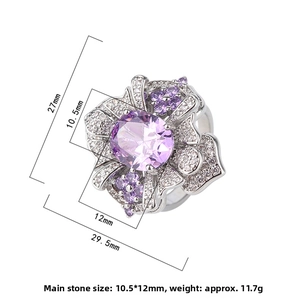 Detailed size specifications of flower ring with purple gemstone and white zircon