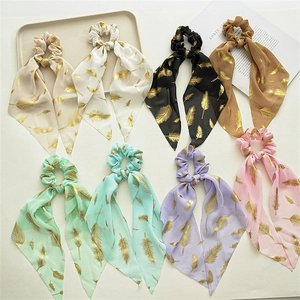 Chiffon Ribbon Scrunchies With Golden Feather Print Long Streamer Ponytail Holder Hair Ties For Women Elegant Hairwear