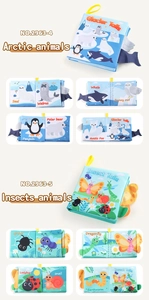 Detail view of baby cloth books with 3D animal tails from Arctic and Insect series