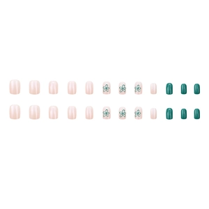 Short square mint green and nude press-on nails with minimalist flower patterns