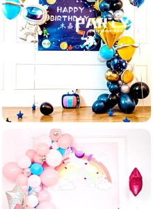 Space and unicorn theme balloon sets with star-shaped weights and colorful backdrops