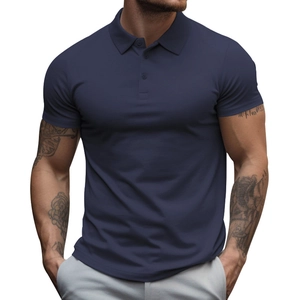 Detail of navy blue men's polo shirt showing the three-button collar and slim fit cut