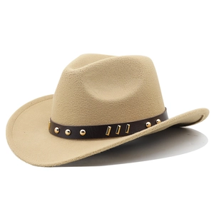 Detail of western wool fedora with brown faux leather band and metallic studs
