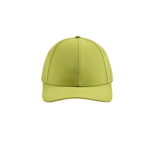 Close-up of lime green quick-dry baseball cap featuring laser-cut side ventilation holes