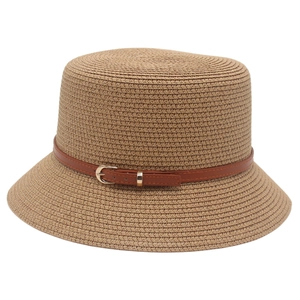 French style straw bucket hat with a brown faux leather belt and metal buckle
