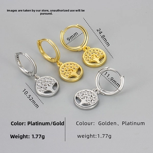 Detail view of S925 silver tree of life hoop earrings with cubic zirconia and size dimensions