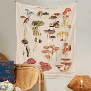 Detail of vintage mushroom tapestry with botanical names in a cozy home setting