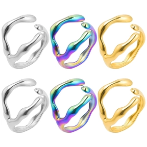 Irregular Liquid Metal Open Ring Stainless Steel Adjustable Organic Wave Minimalist Aesthetic Jewelry For Men Women