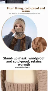 Detail of winter knitted hat showing the thick brown plush lining and windproof face mask