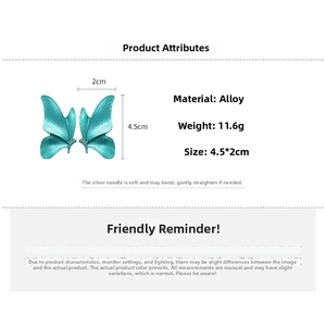 Detailed view of butterfly earrings with size dimensions 4.5 by 2cm and material specs