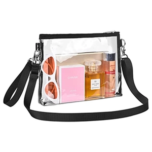 Transparent PVC crossbody bag with black nylon trim and adjustable strap for essentials
