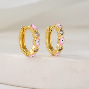 18K gold plated hoop earrings with pink enamel evil eye and cubic zirconia accents