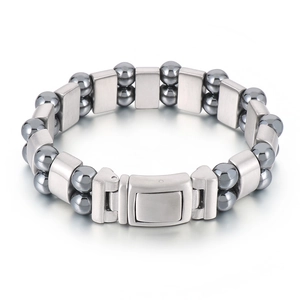 Men's double-row magnetic stainless steel bracelet with gray beads and a secure clasp