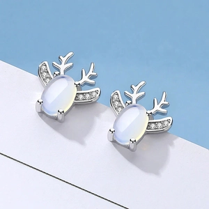 Reindeer Antler Stud Earrings Brass With Synthetic Moonstone And Zircon Cute Christmas Jewelry Gift For Women
