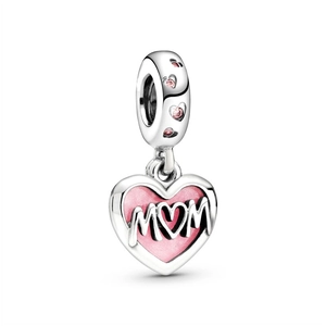 Macro detail of MOM heart charm with pink enamel and silver engraving for DIY jewelry