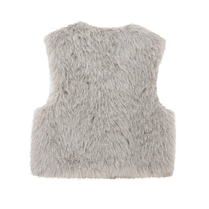 Close-up of high-quality light gray faux fur texture on a stylish sleeveless vest