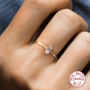 Minimalist S925 sterling silver gold plated ring with a single rectangular zircon stone